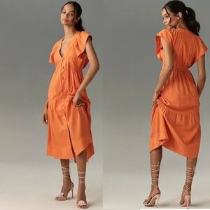 Anthropologie The Reneé Flutter-Sleeve Linen Button Front Midi Dress Orange XL